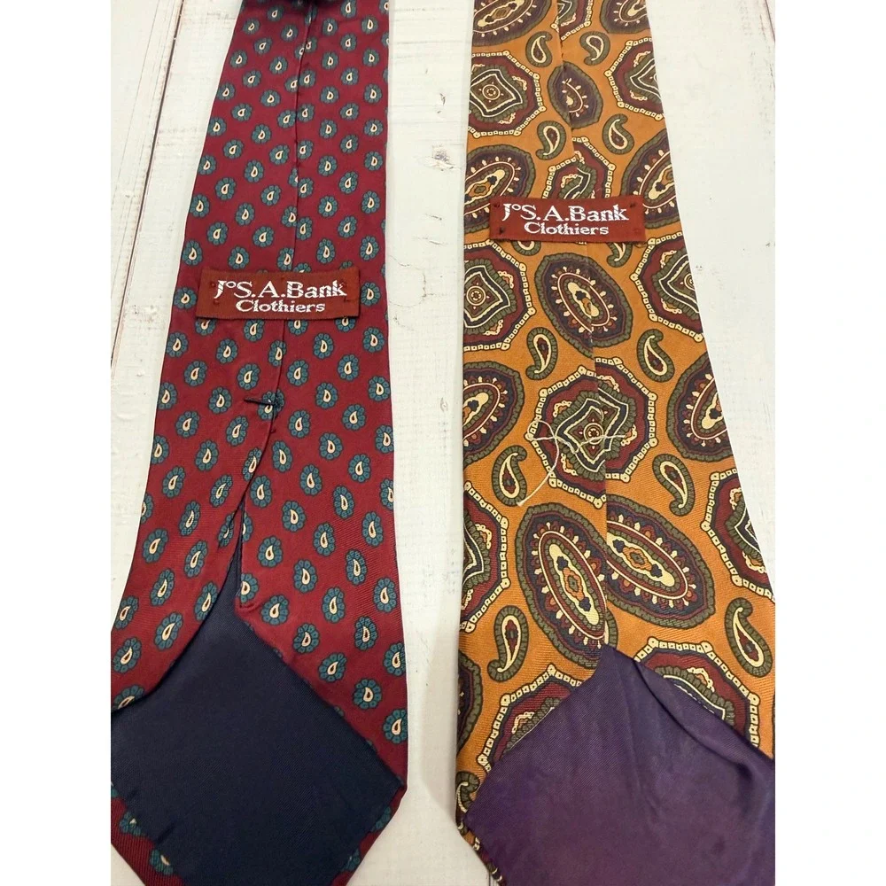 Jos A Bank Silk Tie Lot 2 Burgundy Medallion Mustard Paisley Italian Silk Tie